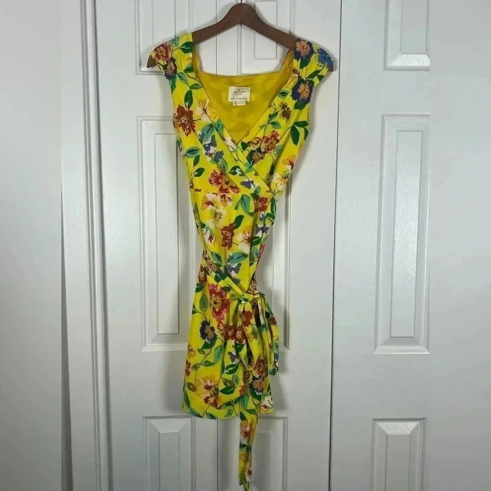 Kate Spade Yellow Floral Silk Wrap Dress Size 4